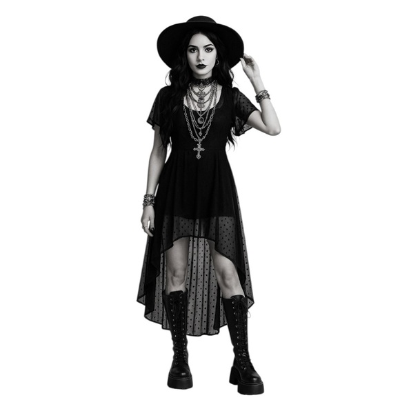 Cha Cha Vente Black Whimsigoth Sheer Swiss Dot High Low Witchy Dress Size 3X - Picture 1 of 12
